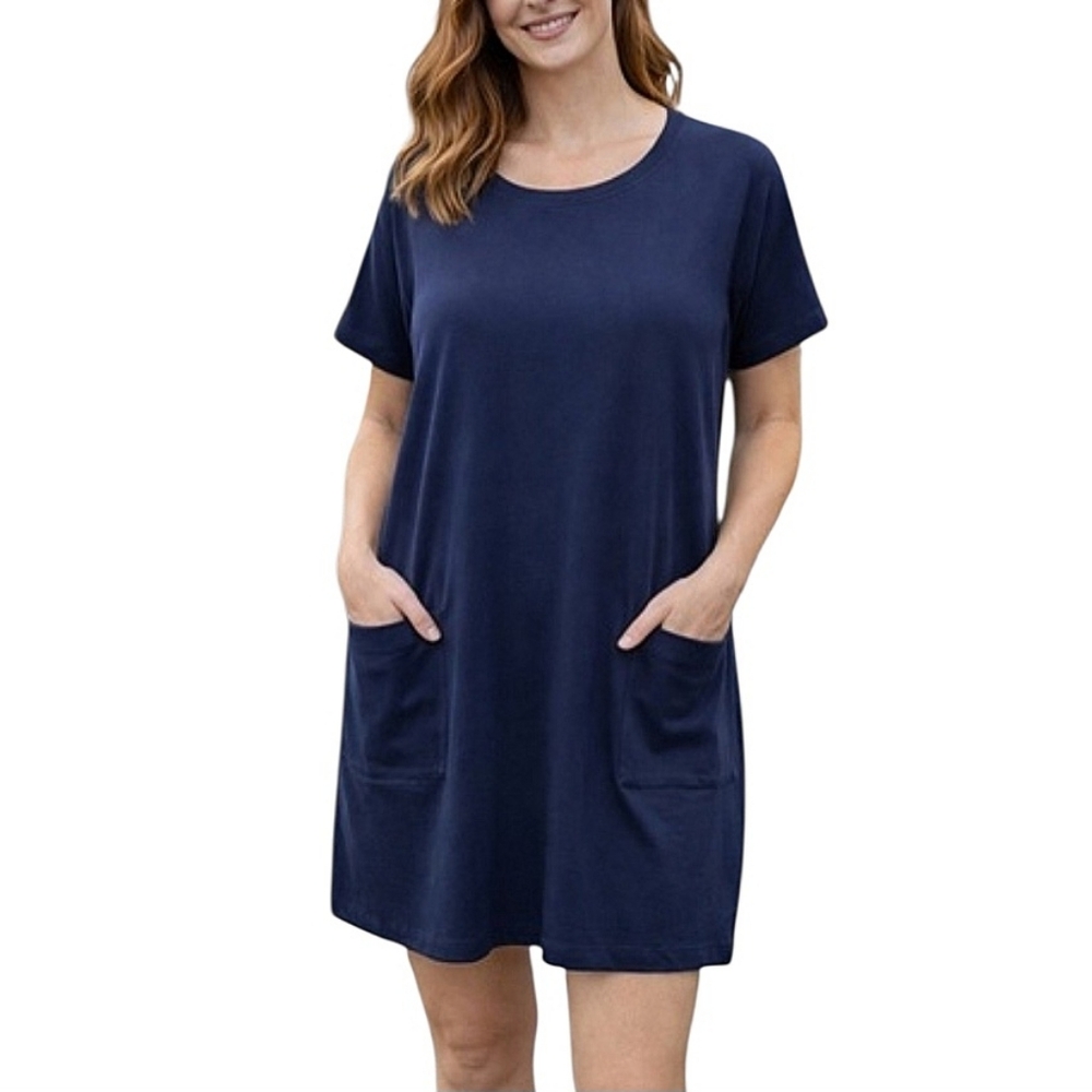 Eileen Fisher Stretch Cotton Tee Shirt Mini Shift Dress Sz Med Navy Blue
